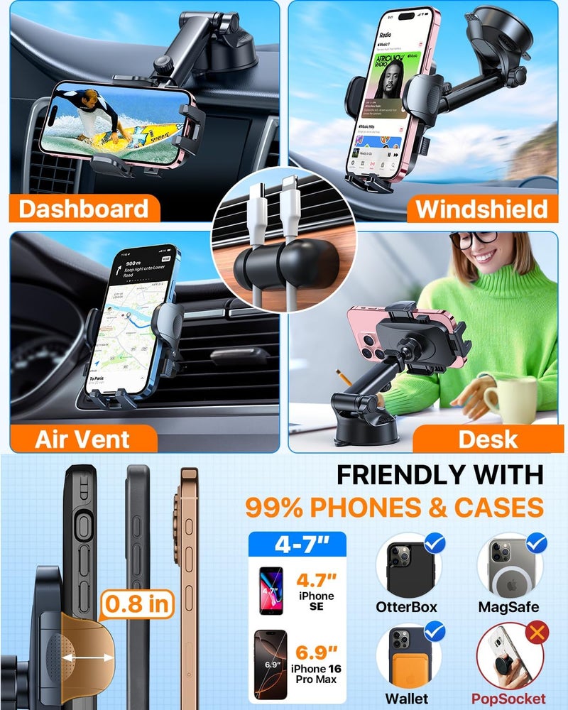 HTU 2026 Ultimate Best【True Military-Grade & Safety Cert】Car Phone Holder 【Upgraded 5-in-1 & 100+LBS Strongest Suction】360 Rotation Truck Windshield Dashboard Vent Mount Stand for iPhone Android, Grey - Image 5